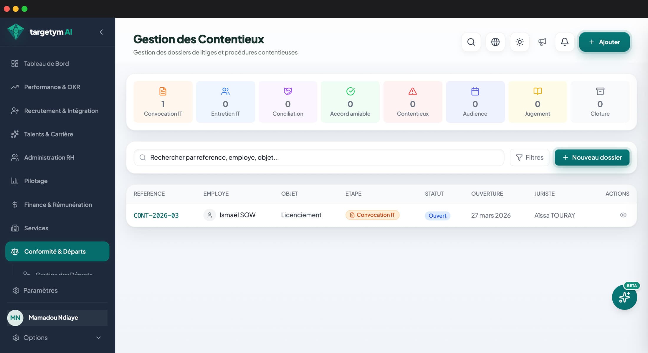 Écran Gestion des contentieux : dossiers et procédures