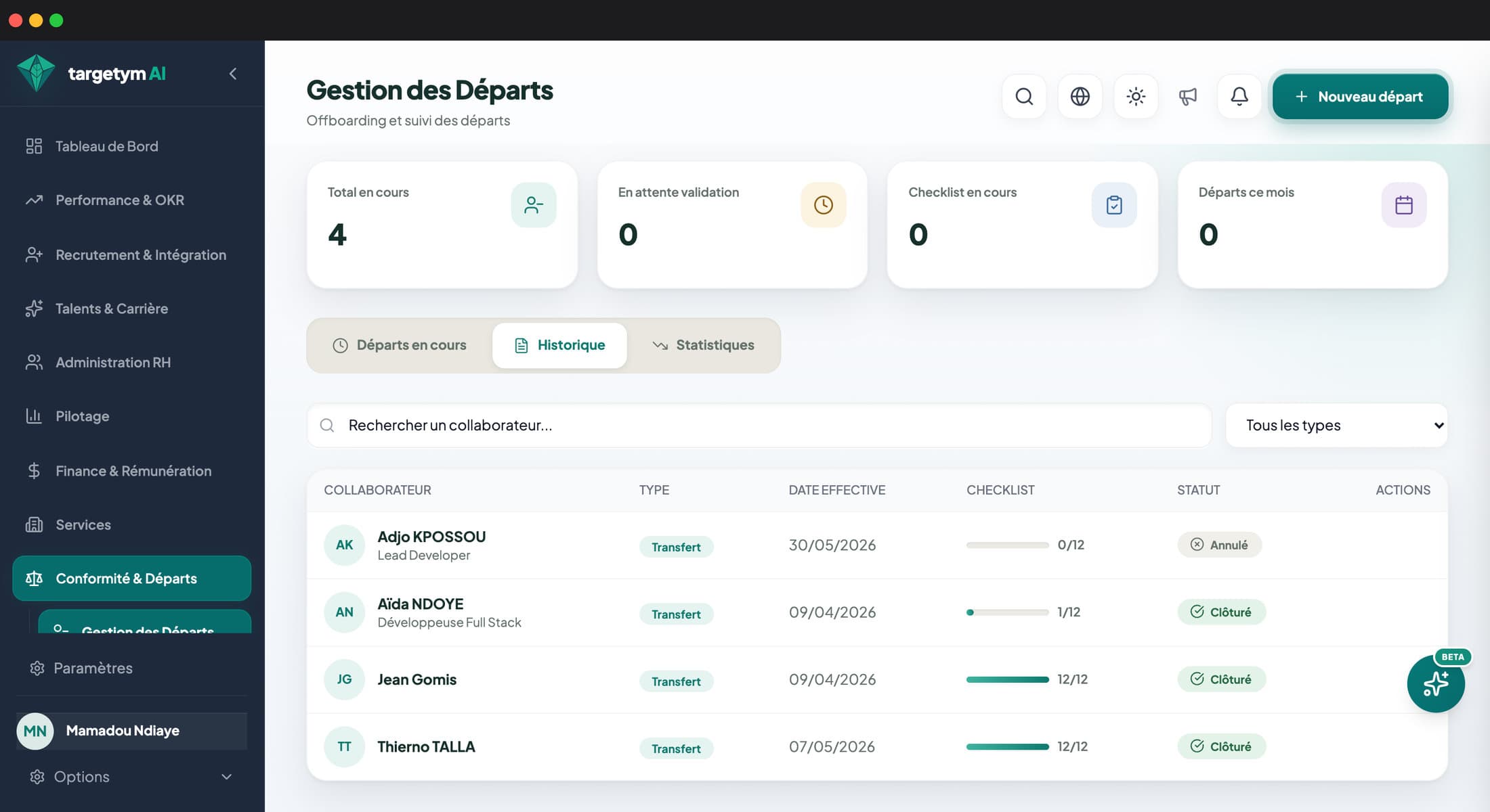 Écran Gestion des départs : nouveau départ et checklist