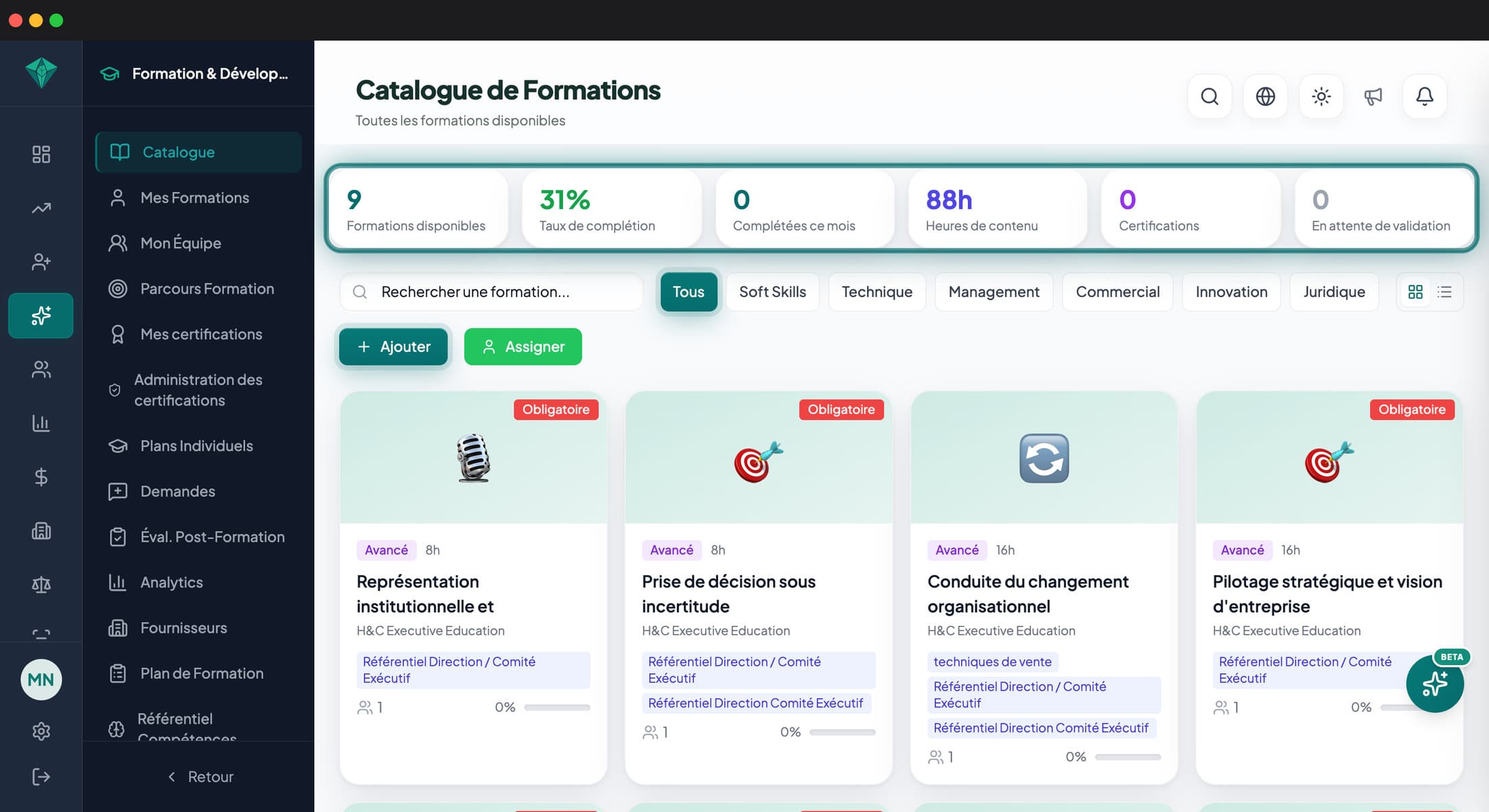 Écran Formation dans l'app Targetym AI