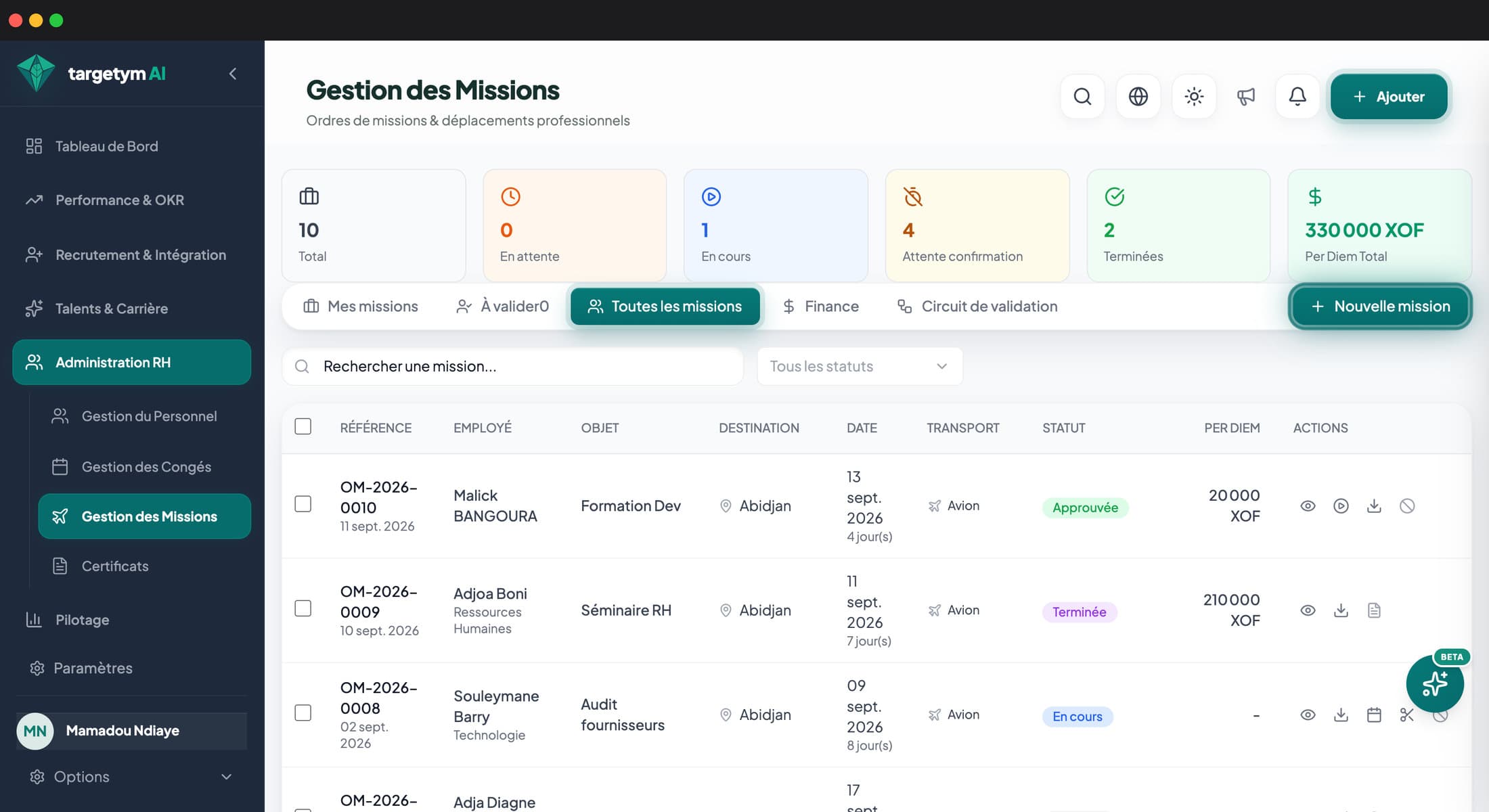 Écran Gestion des missions : ordres de mission et suivi