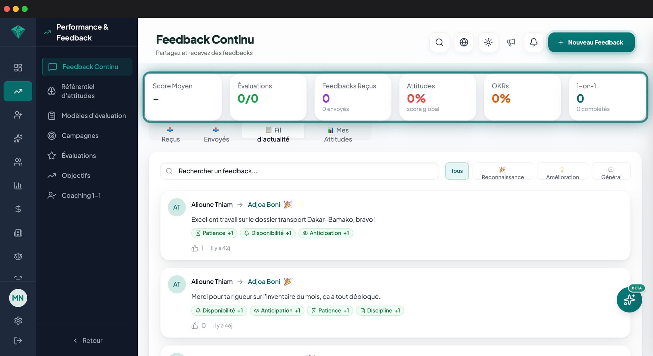 Écran Performance & feedback dans l'app Targetym AI