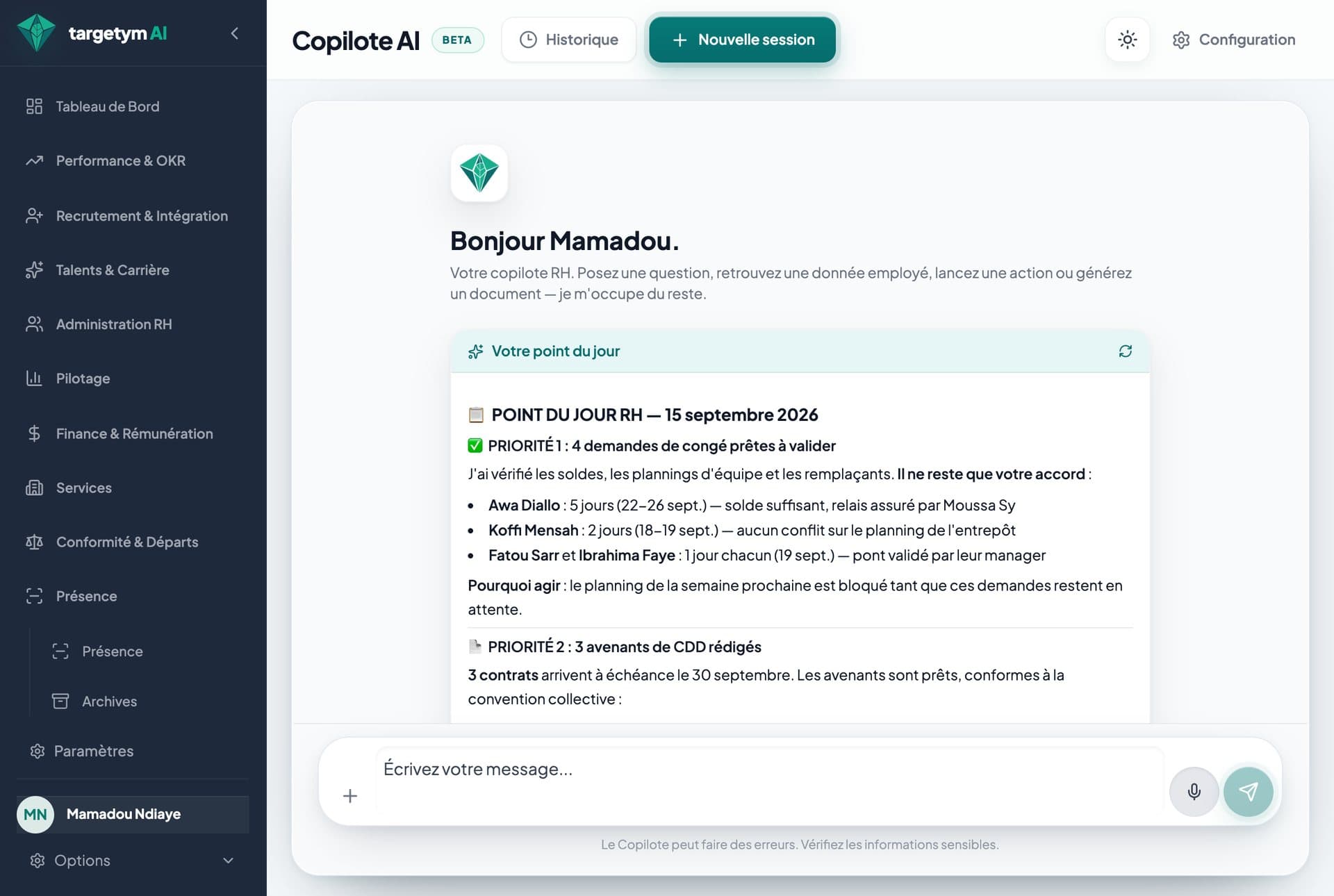 Écran Tous les modules dans l'app Targetym AI