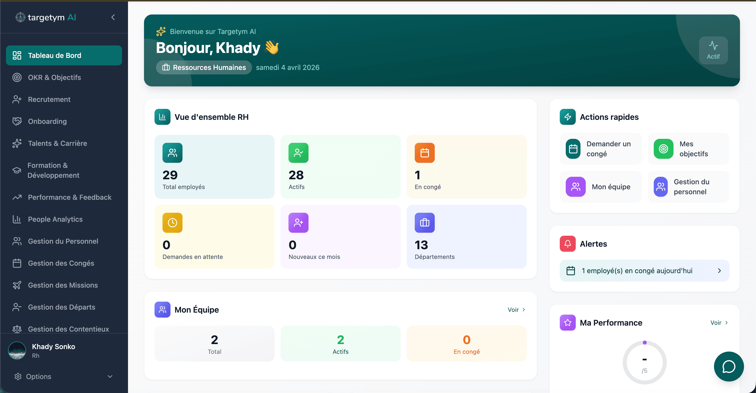 Tableau de bord Targetym AI